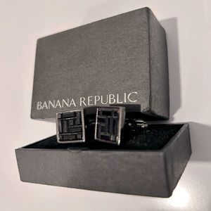 Banana Republic Silver Tone Mosaic Black Stone Cuff Links
